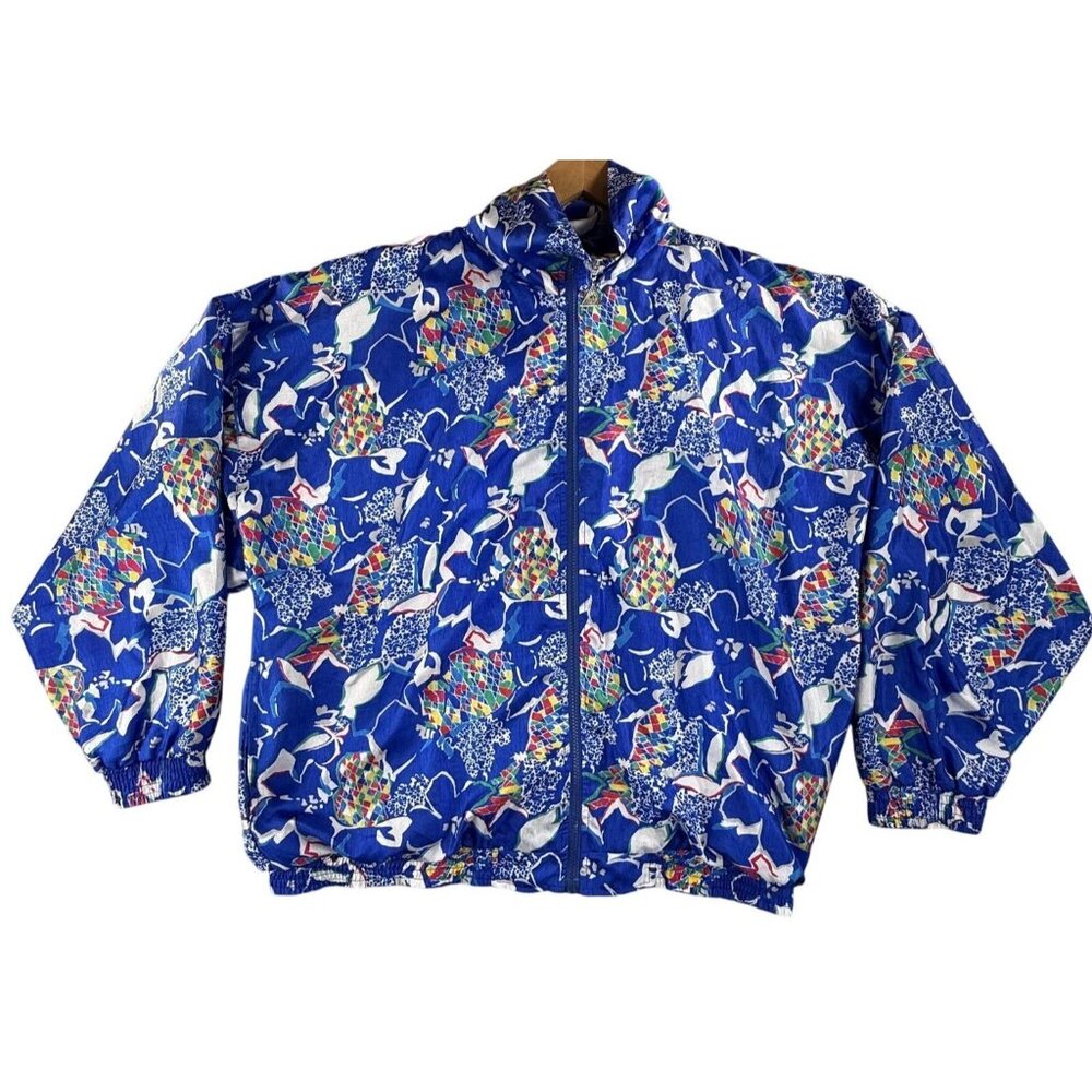 Vintage Casual Isle Jacket Womens XL Blue Colorful Geometric Windbreaker 90s Y2K